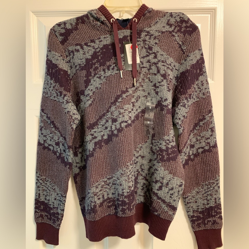 INC International Concepts Sweater Mens S Hooded Pullover Gray Maroon